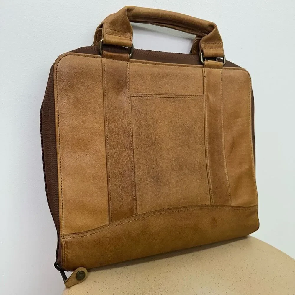 Franklin Covey Vintage 1996 SpaceMaker Tan Leather Zip 7 Ring Briefcase